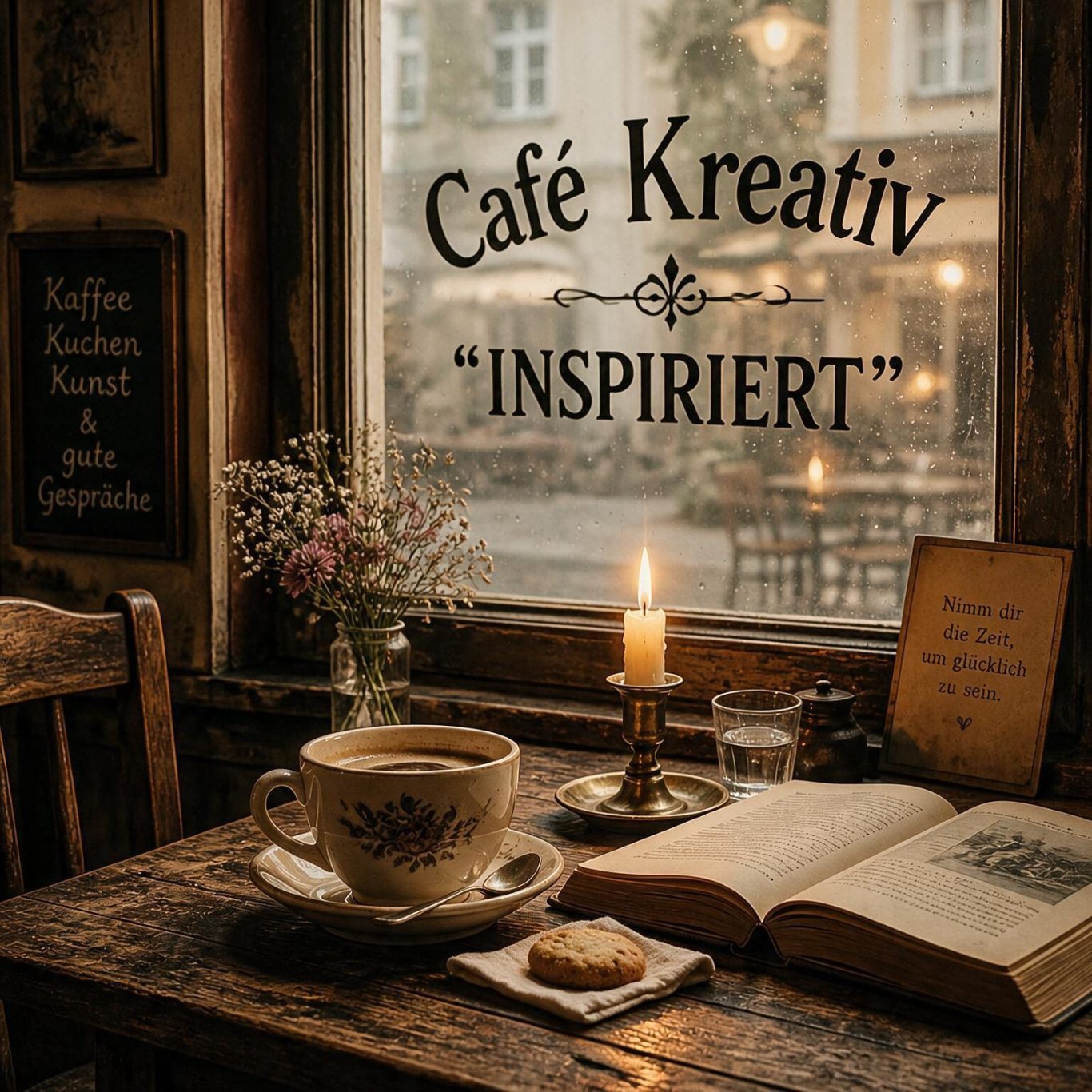 Gemütliches Café mit Holzinterior, Bildern an der Wand und einer antiken Uhr.
